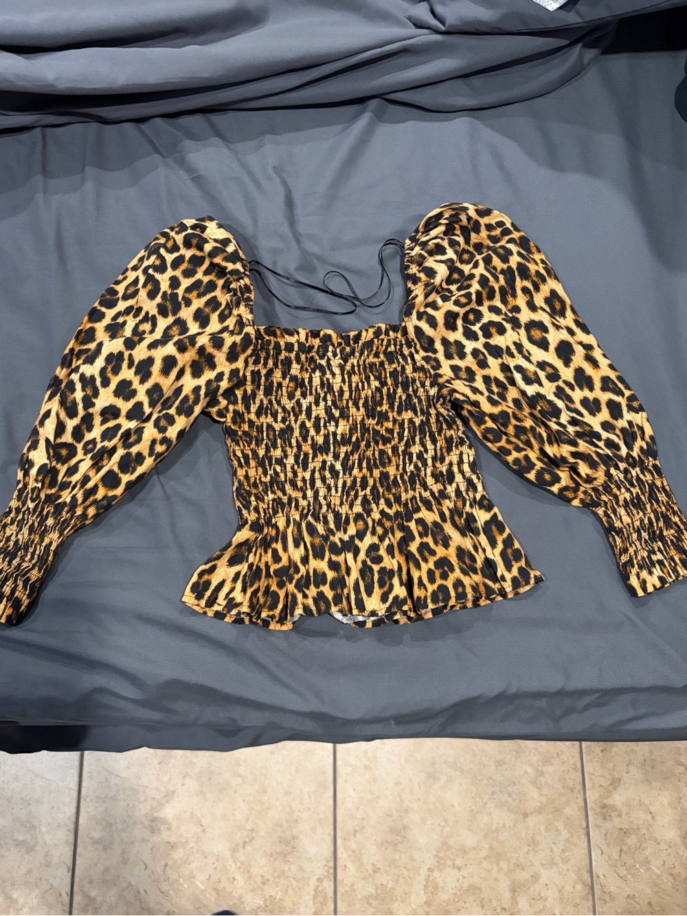 Zara Leopard Print Puff Sleeve Smocked Top - Yellow/Brown